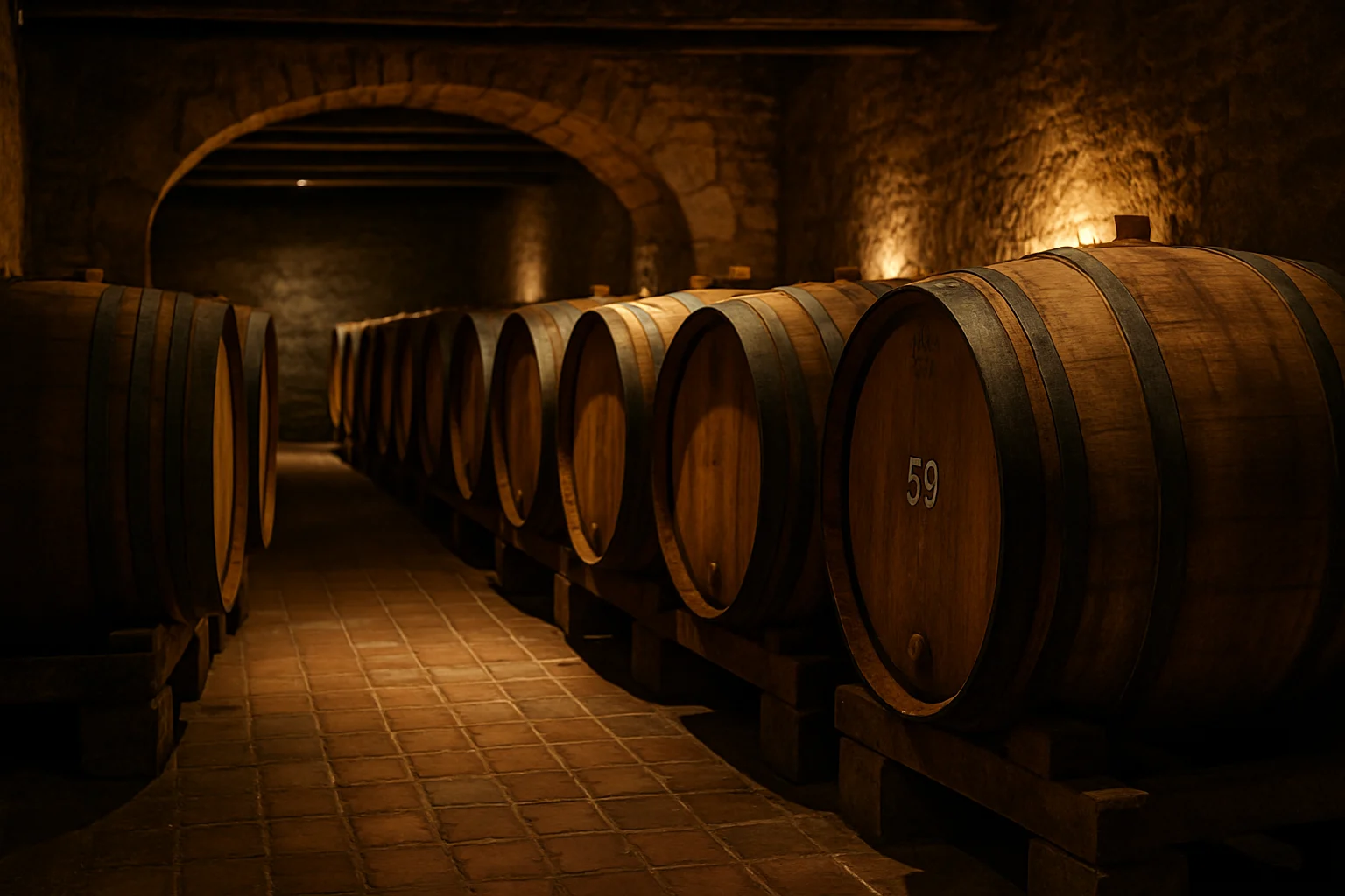 Oak barrels in a wine cellar